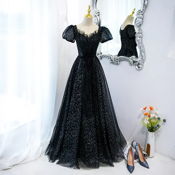 Charming Black Glitter Beading Sequins Prom Dresses 2022 A Line Princess Square Neckline Short Sleeve Backless Floor Length Long Formal Dresses