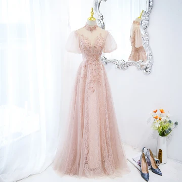 Élégant Rougissant Rose Paillettes Robe De Bal 2022 Princesse Col Haut Perlage Manches Courtes Dos Nu Longue Robe De Ceremonie
