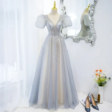 Chic Beautiful Grey Beading Sequins Puffy Prom Dresses 2022 A Line Princess V Neck Short Sleeve Backless Floor Length Long Formal Dresses