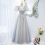 Chic / Beautiful Grey Beading Sequins Puffy Prom Dresses 2022 A-Line / Princess V-Neck Short Sleeve Backless Floor-Length / Long Formal Dresses