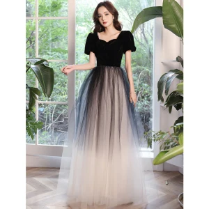 Chic Beautiful Black Prom Dresses 2022 A Line Princess Square Neckline Short Sleeve Backless Floor Length Long Formal Dresses