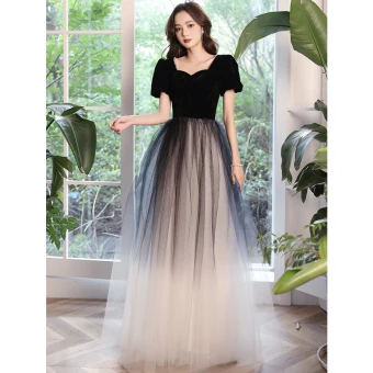 Chic Belle Noire Robe De Bal 2022 Princesse Encolure Carrée Manches Courtes Dos Nu Longue Robe De Ceremonie