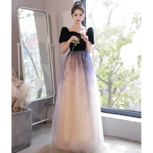 Elegant Black Prom Dresses 2022 A Line Princess Square Neckline Short Sleeve Backless Floor Length Long Prom Formal Dresses