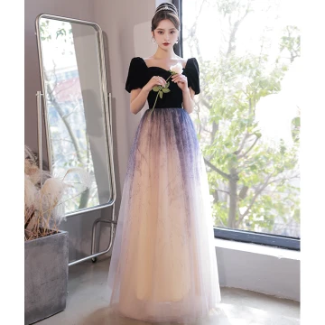 Elegant Black Prom Dresses 2022 A Line Princess Square Neckline Short Sleeve Backless Floor Length Long Prom Formal Dresses
