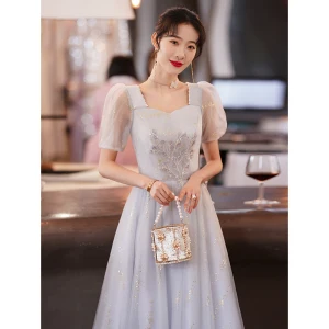 Chic Beautiful Grey Beading Sequins Homecoming Graduation Dresses 2022 A Line Princess Square Neckline Short Sleeve Backless Tea Length Formal Dresses