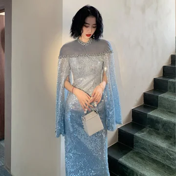 Sparkly Sky Blue Evening Dresses 2022 Trumpet Mermaid Scoop Neck Beading Pearl Sequins 3 4 Sleeve Tea Length Evening Party Formal Dresses