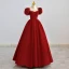 Elegant Burgundy Satin Prom Dresses 2022 A-Line / Princess Square Neckline Puffy Short Sleeve Backless Pearl Rhinestone Floor-Length / Long Prom Formal Dresses