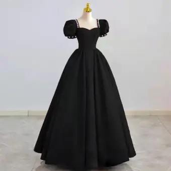 Élégant Noire Satin Robe De Bal 2022 Princesse Encolure Carrée Gonflée Manches Courtes Perle Faux Diamant Dos Nu Longue Robe De Ceremonie