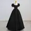 Elegant Black Satin Prom Dresses 2022 A-Line / Princess Square Neckline Puffy Short Sleeve Pearl Rhinestone Backless Floor-Length / Long Formal Dresses