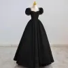 Elegant Black Satin Prom Dresses 2022 A-Line / Princess Square Neckline Puffy Short Sleeve Pearl Rhinestone Backless Floor-Length / Long Formal Dresses