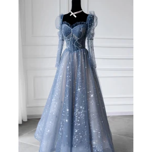Charming Pool Blue Beading Sequins Rhinestone Evening Dresses 2022 A Line Princess Square Neckline Long Sleeve Backless Floor Length Long Formal Dresses