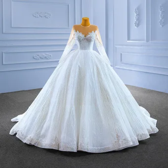 Haut De Gamme Ivoire Robe De Mariée Robe Boule Encolure Dégagée Fait Main Perlage Paillettes Manches Longues Longue Mariage