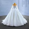 High-end Ivory Wedding Dresses Ball Gown Scoop Neck Handmade  Beading Sequins Long Sleeve Floor-Length / Long Wedding