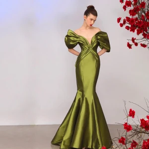 High End Olive Green Satin Evening Dresses 2022 Trumpet Mermaid Off The Shoulder Short Sleeve Sweep Train Evening Party Formal Dresses