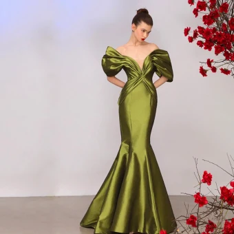 Haut De Gamme Olive Verte Satin Robe De Soirée 2022 Trompette Sirène De L Épaule Manches Courtes Train De Balayage Soirée Robe De Ceremonie