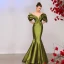 High-end Olive Green Satin Evening Dresses  2022 Trumpet / Mermaid Off-The-Shoulder Short Sleeve Sweep Train Evening Party Formal Dresses