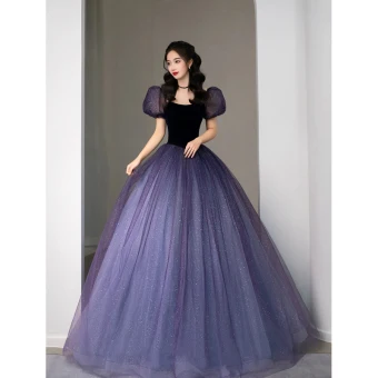 Vintage Originale Bleu Marine Paillettes Robe De Bal 2022 Robe Boule Encolure Carrée Gonflée Manches Courtes Longue Robe De Ceremonie