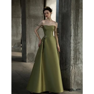 Vintage Originale Olive Verte Satin Robe De Soirée 2022 Princesse De L Épaule Sans Manches Dos Nu Fendue Devant Longue Robe De Ceremonie