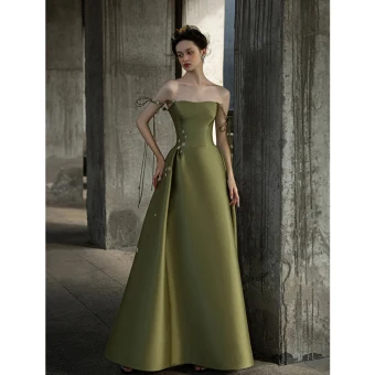 Vintage Originale Olive Verte Satin Robe De Soirée 2022 Princesse De L Épaule Sans Manches Dos Nu Fendue Devant Longue Robe De Ceremonie