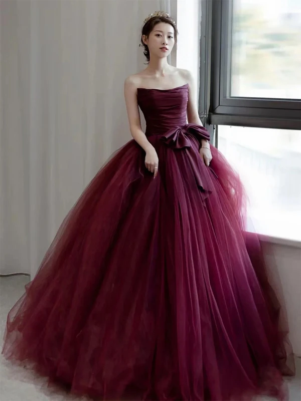 Charming Burgundy Evening Dresses 2022 A-Line / Princess Strapless Bow Sleeveless Backless Floor-Length / Long Evening Party Formal Dresses