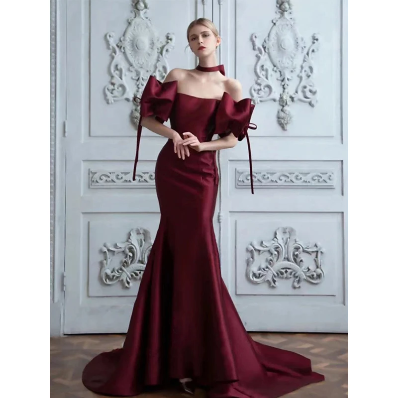 Satin Burgundy Trumpet Dress Ruched Trumpet Mermaid Detachable Sleeves  Burgundy Satin Prom Dress