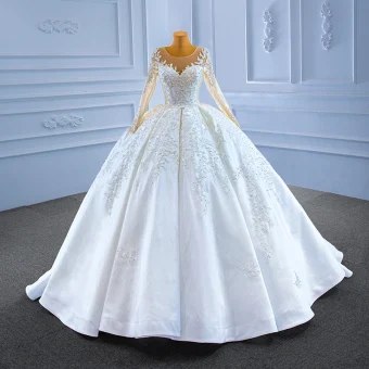 Haut De Gamme Blanche Perlage Perle En Dentelle Fleur Robe De Mariée 2022 Robe Boule Encolure Dégagée Manches Longues Tribunal Train Mariage