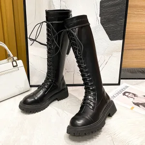 Mode Noire Hiver Vêtement De Rue Bottes Femme 2022 À Bout Rond Imperméables Plate Bottes