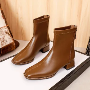 Vintage Retro Brown Street Wear Winter Womens Boots 2022 Square Toe Flat Boots