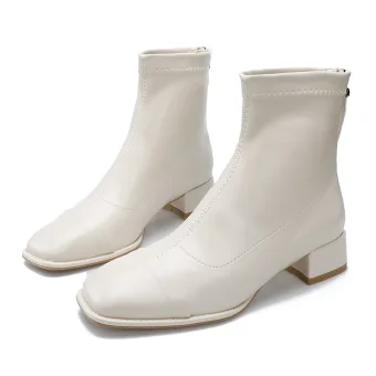 Vintage Retro Beige Street Wear Winter Womens Boots 2022 3 Cm Thick Heels Low Heel Square Toe Boots