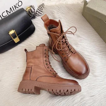 Fashion Brown Street Wear Winter Womens Boots 2022 Leather Round Toe Flat Boots