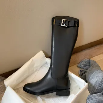 Fashion Black Street Wear Winter Womens Boots 2022 Leather Round Toe Flat Boots