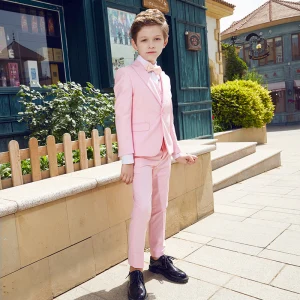 Fashion Candy Pink Bow Long Sleeve Boys Wedding Suits 2022 Coat Pants Shirt Tie Vest
