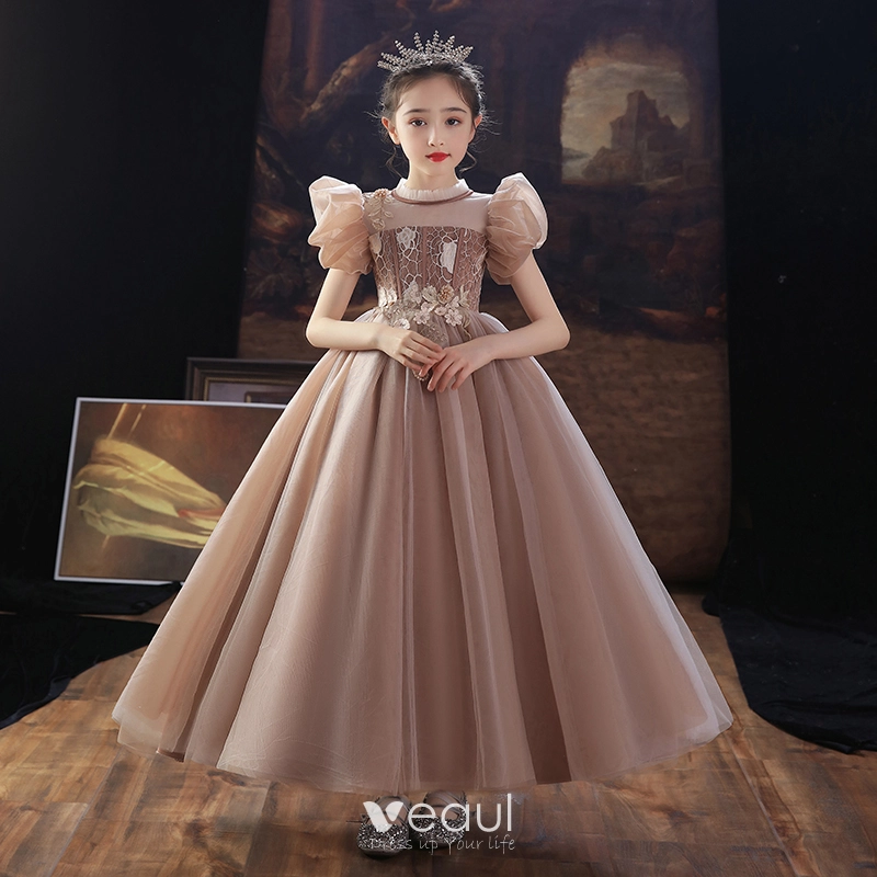 Chic Beautiful Khaki Beading Pearl Lace Flower Flower Girl Dresses 2022 Ball Gown Birthday Scoop Neck Puffy Short Sleeve Floor Length Long Flower Girl Dresses