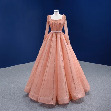 High End Candy Pink Prom Dresses 2022 A Line Princess Square Neckline Beading Rhinestone Sequins Long Sleeve Backless Floor Length Long Formal Dresses