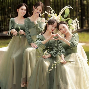 Simple Olive Verte Velour Robe Demoiselle D Honneur 2022 Demoiselle D Honneur Princesse Encolure Carrée 3 4 Manches Dos Nu Longue Robe Pour Mariage