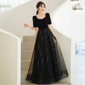 Elegant Black Sequins Prom Dresses 2022 A Line Princess Pearl Square Neckline Short Sleeve Backless Floor Length Long Formal Dresses