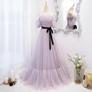 Charming Lavender Prom Dresses 2022 A Line Princess Off The Shoulder Puffy Short Sleeve Backless Bow Sash Floor Length Long Formal Dresses