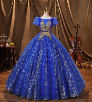 Vintage Retro Royal Blue Beading Glitter Sequins Prom Dresses 2022 Ball Gown Square Neckline Puffy Short Sleeve Backless Floor Length Long Formal Dresses