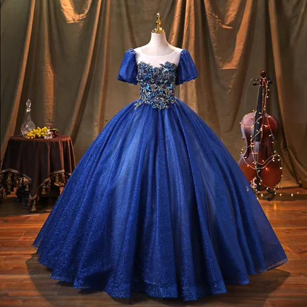 Vintage / Retro Royal Blue Glitter Prom Dresses 2022 Ball Gown Scoop Neck Beading Lace Flower Puffy Short Sleeve Backless Floor-Length / Long Formal Dresses
