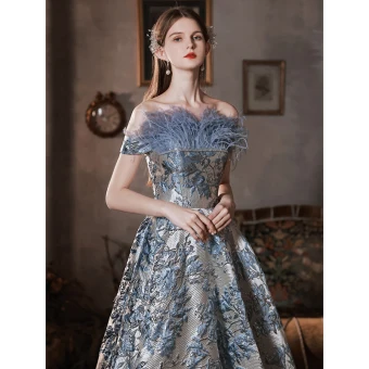 Charmant Bleu Ciel Impression Robe De Bal 2022 Princesse Gland De L Épaule Faux Diamant Paillettes Manches Courtes Dos Nu Longue Robe De Ceremonie
