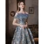 Charming Sky Blue Printing Prom Dresses 2022 A-Line / Princess Tassel Off-The-Shoulder Rhinestone Sequins Short Sleeve Backless Floor-Length / Long Formal Dresses