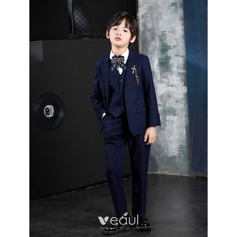 Navy Blue Long Sleeve Boys Wedding Suits 2022 Body Jewellery Coat