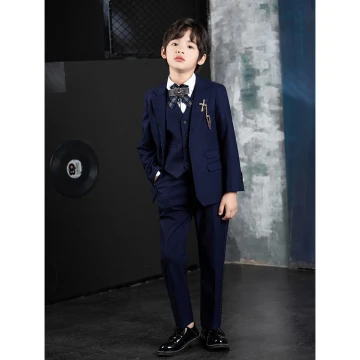 Bleu Marine Manches Longues Costume Garçon Mariage 2022 Bijoux De Corps Manteau Pantalon Chemise Cravate Gilet