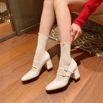 Vintage Originale Blanche Désinvolte Cuir Escarpins 2022 6 Cm Talons Épais À Bout Rond Escarpins Talons Hauts