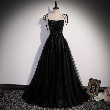 Chic Beautiful Black Prom Dresses 2022 A Line Princess Spaghetti Straps Beading Sleeveless Backless Floor Length Long Formal Dresses