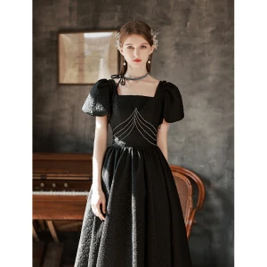 Mode Noire Robe De Bal 2022 Princesse Encolure Carrée Manches Courtes Dos Nu Longue Robe De Ceremonie