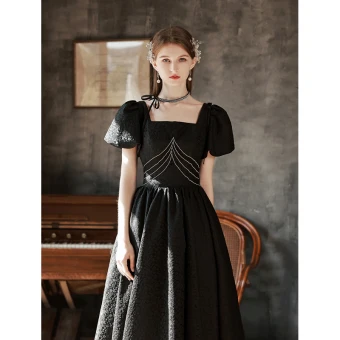 Mode Noire Robe De Bal 2022 Princesse Encolure Carrée Manches Courtes Dos Nu Longue Robe De Ceremonie