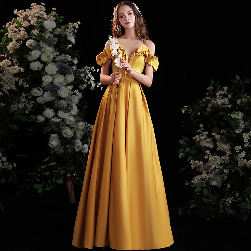 Elegant Yellow Satin Prom Dresses 2022 A-Line Princess Ruffle Off-The-Shoulder Short
