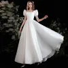Vintage / Retro Ivory Satin Solid Color Prom Dresses 2022 A-Line / Princess Square Neckline Puffy Short Sleeve Backless Floor-Length / Long Formal Dresses