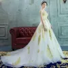 Luxury / Gorgeous A-Line / Princess Wedding Dresses 2017 Sweetheart Sleeveless White Organza Gold Lace Backless Ruffle Court Train